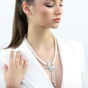 Colier "Silver Beauty" din perle naturale si rhinestone
