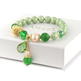 Bratara "Green Delight" din perle de Mallorca, perle naturale si ochi de pisica
