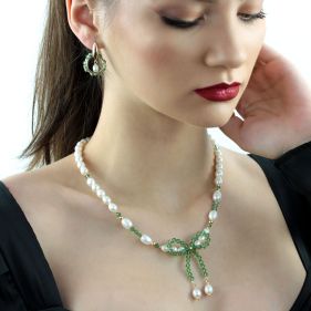 Set "Green Bow" din perle naturale si cristale Swarovski