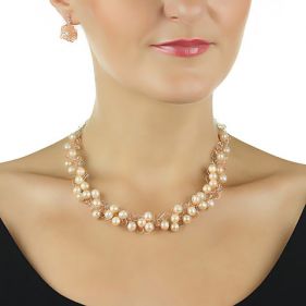 Set crosetat din perle naturale crem, cristale Swarovski si argint